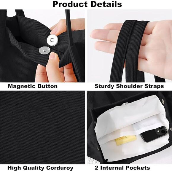 Women Black Imported Corduroy Small Canvas Shoulder Handy Tote Bag - Picture 4 of 4